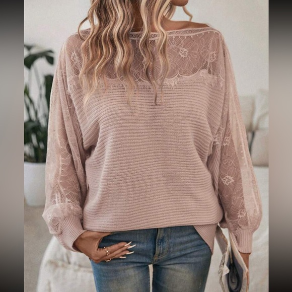 Comfy Elegant Sheer Mesh Lace Boat Neck Batwing Sleeve Sweater Top - Picture 6 of 7